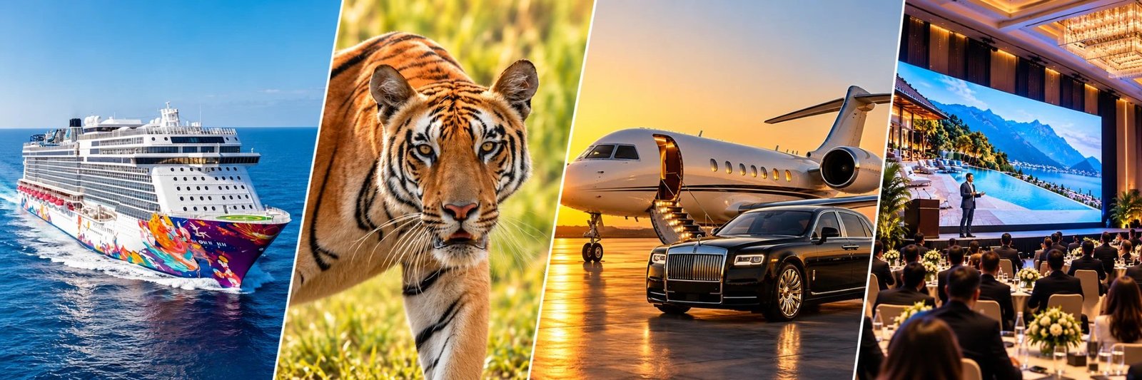 Collage of signature journeys — a cruise ship at sea, a tiger on safari, a private jet ready for boarding at sunset and a grand corporate event